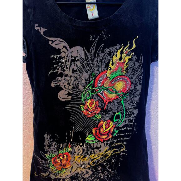 Ed Hardy Christian Audigier Rhinestone Heart Rose T-Shirt Black Size S - Picture 2 of 4